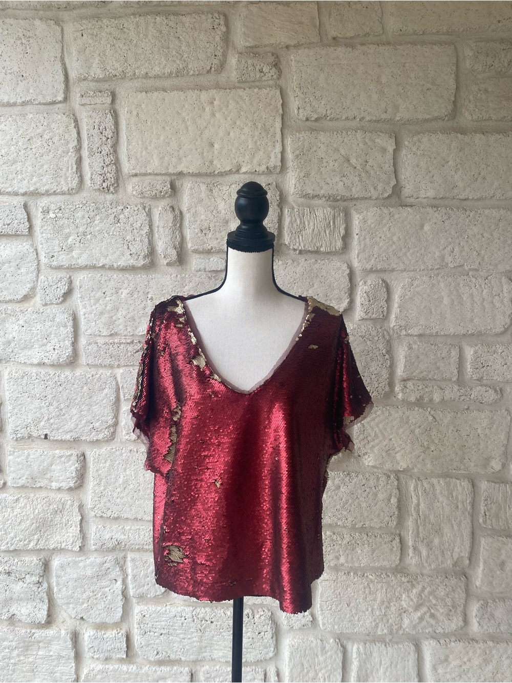 Free People We The Free Glitz It Sequined Burgundy Gold Top Sz Small Holiday
